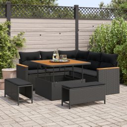 Set de canapea de gradina Gossi din 8 piese cu perne negru ratan poli, set de dining de gradina Gossi din 3 piese cu perne negru ratan poli