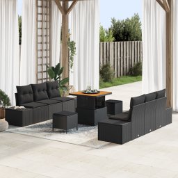 Set de canapea de gradina Gossi din 9 piese cu perne, ratan negru, acacia, canapea de gradina Gossi cu 2 locuri si perne, ratan negru, acacia, set dinning de gradina Gossi din 3 piese cu perne, ratan negru, acacia