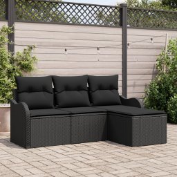 Set de canapea gradina Gossi 4 piese cu perne rattan polimer negru, canapea de gradina Gossi 2 locuri cu perne rattan polimer negru