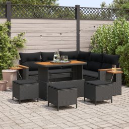 Set de canapea pentru gradina Gossi 9 piese cu perne negru ratan sintetic acacia, set de dining pentru gradina Gossi 4 piese cu perne negru ratan sintetic acacia