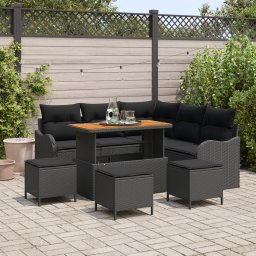 Set de canapea pentru gradina Gossi 9 piese cu perne, negru, ratan poliesteric, acacia, canapea de gradina Gossi 2 locuri cu perne, negru, ratan poliesteric, set de dining pentru gradina Gossi 4 piese cu perne, negru, ratan poliesteric, acacia