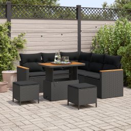 Set de canapea pentru gradina Gossi cu perne, 8 piese, negru, ratan poli, acacia, set de dining pentru gradina Gossi cu perne, 3 piese, negru, ratan poli, acacia