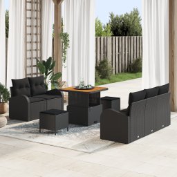Set de canapele de gradina Gossi 8 piese cu perne negru poli ratan acacia, sofa de gradina Gossi cu 2 locuri cu perne negru poli ratan, set de dining de gradina Gossi 3 piese cu perne negru poli ratan acacia