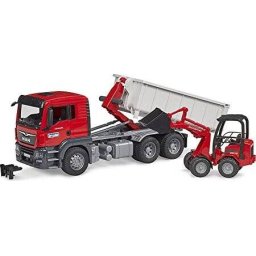 Jucarie BRUDER MAN TGS truck with roll-off container and SchÃ¤ffer farm loader, model vehicle