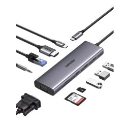 Hub Extern UGREEN CM498 10-in-1 USB-C la 3x USB-A 3.0 / 4K HDMI / VGA / RJ45 / AUX / SD / TF Gri