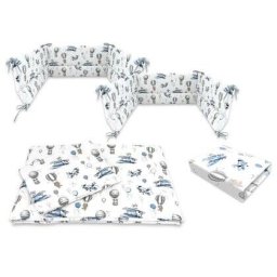 Lenjerie Patut cu 5 Piese MimiNu cu Cearceaf 120x60cm Pilota Pernuta 2 Aparatori Bumbac Certificat Oeko Tex Standard 100 Blue Plane Alb