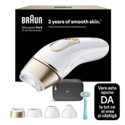 Epilator Braun Silk-expert PRO 5 PL5431 Senzor Automat & Continuu Skin Pro 2.0 400.000 Impulsuri 10 Niveluri de Intensitate 3 Capete de Epilat Trusa de Voiaj Aparat de Ras Venus Alb/Auriu