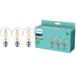 Pachet 3 Becuri LED Philips Filament A60 E27 7W (60W) 806lm Lumina Alba Calda (2700K) Clasa Energetica E
