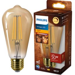 Bec LED Philips ST64 Vintage Intensitate Luminoasa Reglabila (Dimabil) E27 5.8W (50W) 640lm Lumina Calda Tip Flacara (2200K) Auriu