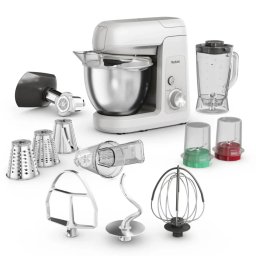 Robot de Bucatarie Tefal Bake Partner QB525B38 Capacitate Vas 4.6L 8 Trepte de Viteza Functie Pulse Blender 1.25L Rasnita Masina de Tocat Carne Tel Carlig Aluat 1100W Gri