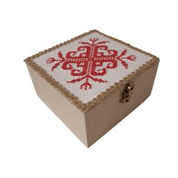 Cufăr natur simplu din lemn decorat cu etamină - 11x11x7 cm - rosu
