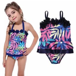 Costum de baie mov cu frunze si floricele aplicate Drool (Marime: 130)