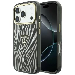 Husa Husa pentru iPhone 18 Pro Max / iPhone 17 Pro Max - Guess Zebra Glitter Triangle Logo MagSafe (GUHMP18X6HZPGTLS) - Silver