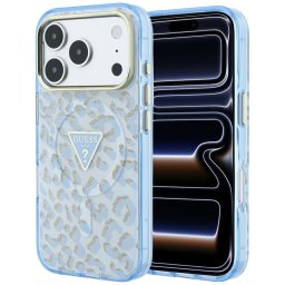 Husa Husa pentru iPhone 18 Pro / iPhone 17 Pro - Guess Leopard Glitter Triangle Logo MagSafe (GUHMP18LHLEGTGLU) - Light Blue