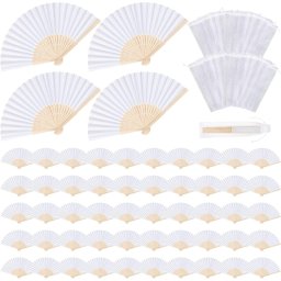 Set 60 Evantaie Pliabile din Bambus și Hârtie Albă Typec Home cu 60 Săculeți din Organza, Evantaie de Mână Elegante pentru Mărturii de Nuntă, Oaspeți, Botez, Evenimente Estivale și Proiecte Creative DIY