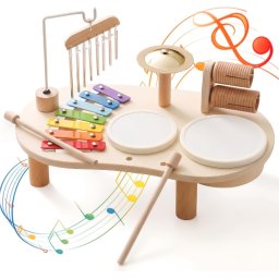 Set Muzical Complet de Tobe și Instrumente din Lemn pentru Copii 1-3 Ani Typec Home, Centru de Activități Sonore Montessori cu Xilofon, 2 Tobe, Chimval din Alamă, Clopoței de Vânt și Zornăitoare