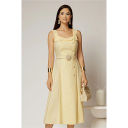 Rochie midi galbena din poplin cu nasturi si curea in talie