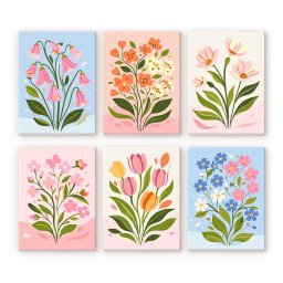 Set 6 mini-picturi pe numere, cu sasiu, Flori pastel, 15x20cm