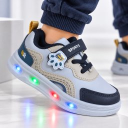 Pantofi sport cu luminite, Model Sporty Style 3, Piele ecologica, Baieti, Gri