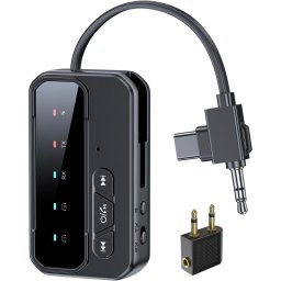 Adaptor Audio Bluetooth 5.4 2-in-1 TX/RX, Dual Pairing 2 Dispozitive, AUX 3.5 mm si USB-C, Low Latency, Microfon, Baterie 200 mAh, pentru Avion, TV, Auto si Casti Bluetooth