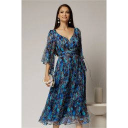 Rochie midi de ocazie cu imprimeuri albastre din matase naturala