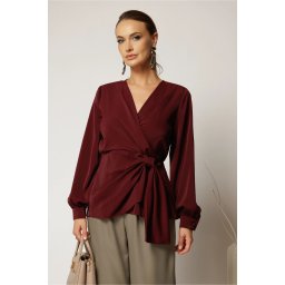 Bluza bordo eleganta cu decolteu petrecut si nod in talie