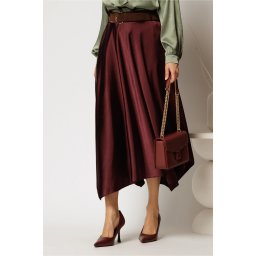 Fusta midi bordo din satin cu croi clos si curea in talie
