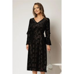 Rochie midi neagra de ocazie cu imprimeu de catifea si decolteu in V