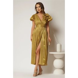 Rochie midi aurie de ocazie din voal peliculizat si detaliu amplu floral