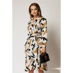 Rochie midi imprimeu geometric cu aspect petrecut si cordon in talie