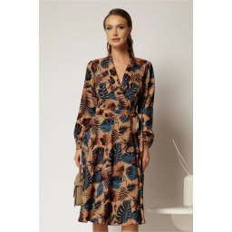 Rochie maro midi imprimeu floral tropical cu aspect petrecut si cordon in talie