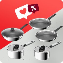 Tigai si seturi Pachet PROMO Tefal Emotion+, 5 piese, 2 cratite cu capac 16/18 cm, tigai 24/28 cm, tigaie Wok 28 cm, inox, inductie, argintiu