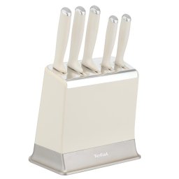 Set cutite Tefal EverSharp K2979644, 5 piese, cutitul bucatarului 20 cm, cutit pentru paine 20 cm, cutit Santoku 16.5 cm, cutit universal 12 cm, cutit pentru curatat 9 cm, suport cu sistem integrat de ascutire, crem