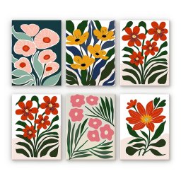 Set 6 mini-picturi pe numere, cu sasiu, Motive florale colorate, 15x20cm