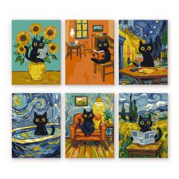 Set 6 mini-picturi pe numere, cu sasiu, Pisica van Gogh, 15x20 cm