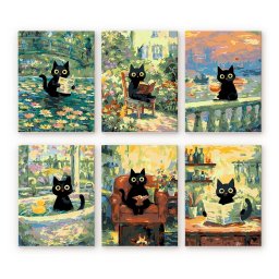 Set 6 mini-picturi pe numere, cu sasiu, Pisica Monet, 15x20cm
