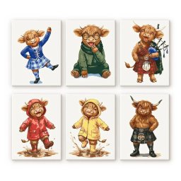 Set 6 mini-picturi pe numere, cu sasiu, Prietenii de la ferma din Scotia, 15x20cm