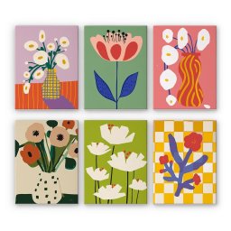 Set 6 mini-picturi pe numere, cu sasiu, Flori abstracte in vaze, 15x20cm
