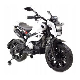 Motocicleta electrica copii Enduro DLS01, 12V, suspensie, MP3, roti ajutatoare, 3-8 ani, alb