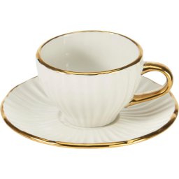 Set cana + farfurie pentru cafea, portelan, alb/auriu, 115 ml