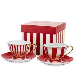 Set 2 cani + farfurie, pentru cafea, portelan, model cu dungi rosii mix