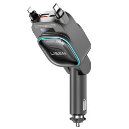 Încărcător auto LISEN 4-în-1 cu cabluri retractabile, USB, USB-C, LED Display, 96W