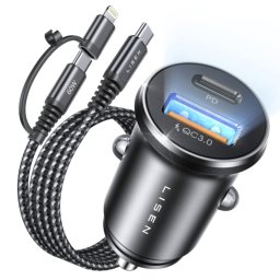 Încărcător auto LISEN YL0223080035, USB & Type-C, cablu 3-în-1 retractabil, 12V/24V, Black