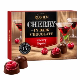 Praline Roshen Cherry in Dark Chocolate, cu cireșe și ciocolată neagră, 155 g