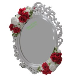 Oglinda miresei personalizata, nume si data, stil victorian, lucrata cu flori de matase, model alb-rosu - ALIF610001
