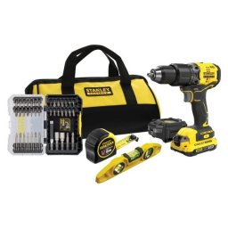 Stanley FatMax V20 SFMCK101D1S – set scule de mână cu mașină de găurit/înșurubat cu percuție, 18V 2.0 Ah, max. 60 Nm, acumulator, încărcător, geantă textilă
