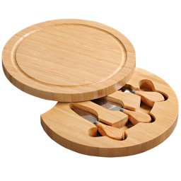 Platou pentru taierea si servirea branzeturilor cu tacamuri Kesper 58642, 23 cm, 5 piese, compartiment incorporat pentru tacamuri, bambus, natural