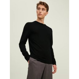Jack & Jones Pulover simplu tricotat barbati, din lana merinos, decolteu la baza gatului, JPRMERINO, Negru (SELECTATI MARIMEA: XL)