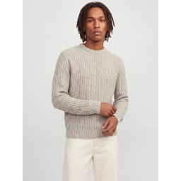 Jack & Jones Pulover tricotat, barbati, in doua noante cu decolteu la baza gatului, Regular fit, JJJAXON, Bej melanj (SELECTATI MARIMEA: M)