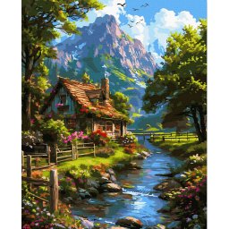 Set pictura pe numere, cu sasiu, Peisaj cu cabana, 40x50 cm